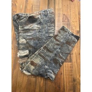 STITCHES & RIVETS Distressed Camo Acid Wash Jeans Mens 40 Blue Streetwear Edgy